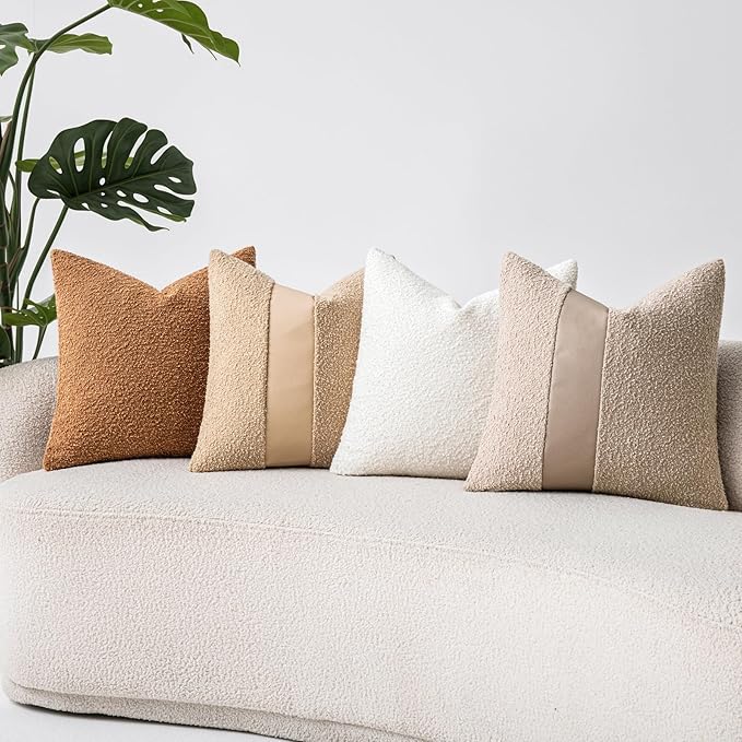 24"x24" Khaki Boucle Pillow Covers with Faux Leather Accents Set of 2 Fluffy Textured Decorative Throw Pillow Cases for Couch Bed Boho Farmhouse Square Cushion Covers for Home Décor