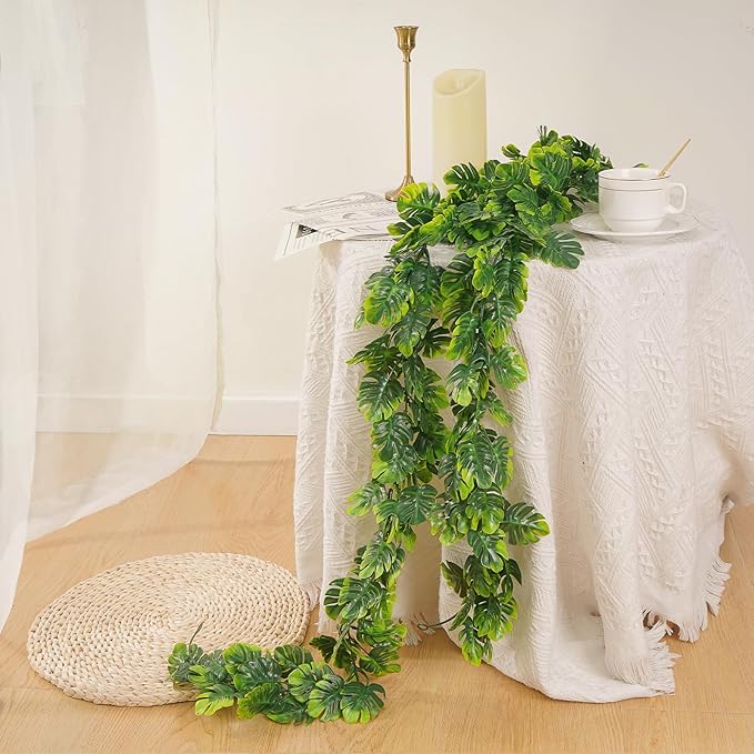 Dolicer 4Pcs Artificial Monstera Leaf Vines, 5.6Ft Fake Hanging Greenery Plants Tropical Palm Leaves Ivy Vine Monstera Garland for Home Garden Porch Patio Hawaiian Party Indoor Outdoor Décor