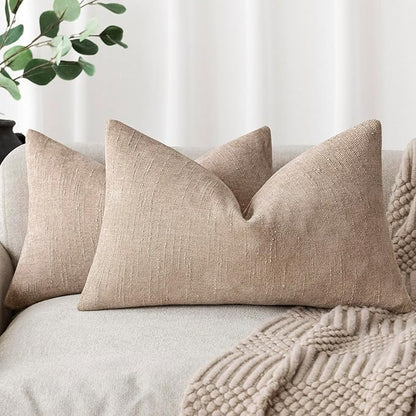 Foindtower Set of 2 Textured Chenille Throw Decorative Pillow Covers Square Accent Solid Cushion Cover Neutral Farmhouse Lumbar Pillow Case for Couch Sofa Bedroom Living Room 12x20 Inch,Cream Camel