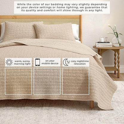 Great Bay Home King Size Taupe 100% Cotton Honeycomb Waffle Quilt and Sham Set - Garment Washed, Waffle Weave Like Texture, Lightweight 3-Piece Bedding Set (Cappuccino)