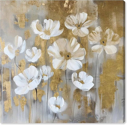 Art Remedy Golden Daisies Canvas Elegant White Gold Wall Art, Gallery Wrapped, 40" x 40"