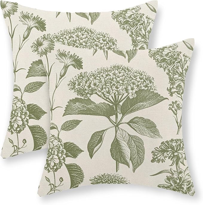 Sage Green Pillow Covers 24x24 Set of 2 Boho Floral Hydrangea Herbs Botanical Throw Pillow Cover Outdoor Decoration Pillow Cases Vintage Flower Linen Cushion Case Decorative for Couch Sofa