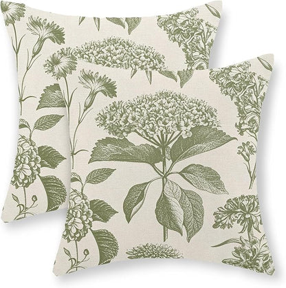Sage Green Pillow Covers 24x24 Set of 2 Boho Floral Hydrangea Herbs Botanical Throw Pillow Cover Outdoor Decoration Pillow Cases Vintage Flower Linen Cushion Case Decorative for Couch Sofa