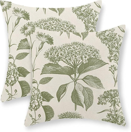 Sage Green Pillow Covers 16x16 Set of 2 Boho Floral Hydrangea Herbs Botanical Throw Pillow Cover Outdoor Decoration Pillow Cases Vintage Flower Linen Cushion Case Decorative for Couch Sofa