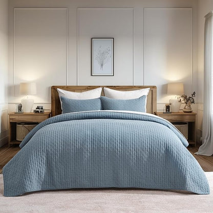 EVERGRACE x Kinsey Walsh Cross Stitch Pre-Washed Cotton Quilt Bedding Set Queen Size, Oversized 3 Pieces Lightweight Bedspread Coverlet for All Season, with 2 Matching Shams, Dusty Blue, 92"x96"