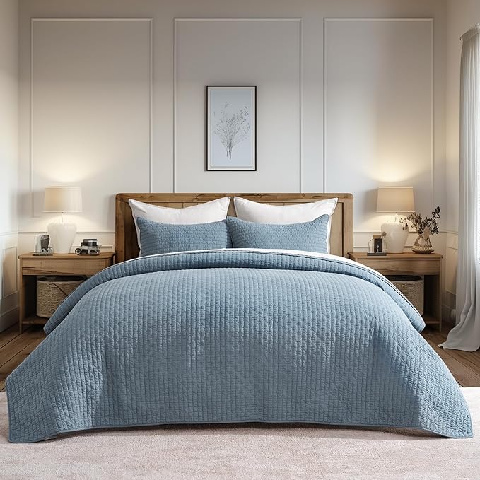 EVERGRACE x Kinsey Walsh Cross Stitch Pre-Washed Cotton Quilt Bedding Set King Size, Oversized 3 Pieces Lightweight Bedspread Coverlet for All Season, with 2 Matching Shams, Dusty Blue, 108"x96"