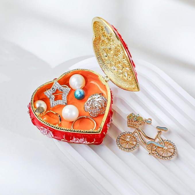 YU FENG 2.5inch Vintage Heart Trinket Box Small Hinged Trinket Boxes Red Jewelry Trinket Box Jeweled Ring Box Gift for Girl Women Christmas Gift
