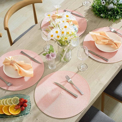 AHHFSMEI Round Braided Placemats 15 Inch Round Table Mats for Dining Tables Natural Woven Heat Resistant Place mats Set of 6 (Pink)