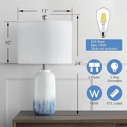 24" Blue Ceramic Table Lamps Set of 2, Modern Coastal Blue Bedside Nightstand Lamp for Living Room, 3 Way Dimmable End Table Lamps for Bedroom Office