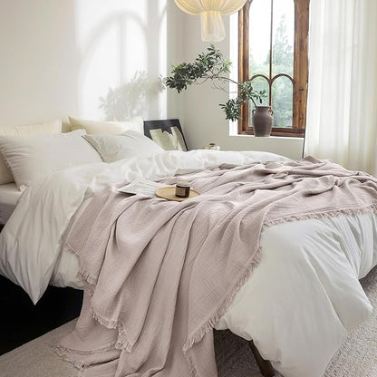 FOSSA Muslin Blanket with Fringe - 4-Layer 100% Cotton Gauze Super Soft & Breathable Throw -Lightweight Decorative Cooling Blanket for Bed, Sofa, Office (Greyish Pink, Throw XL (50" × 70"))