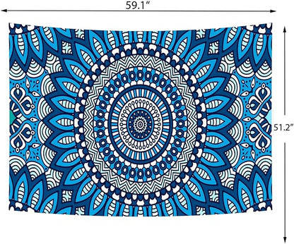 Delur Mandala Tapestry Aesthetic Boho Blue Floral Medallion Tapestry Wall Hanging Bohemian Wall Art Hippie Indian Psychedelic Headboard for Bedroom Living Room Home Decor (51.2" x 59.1")