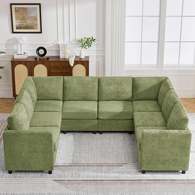 104'' U Shaped Modular Sofa, Sectional Couches with Storage for Living Room, Oversized 8 Seater Cloud Sectional Couch, Chenille Green