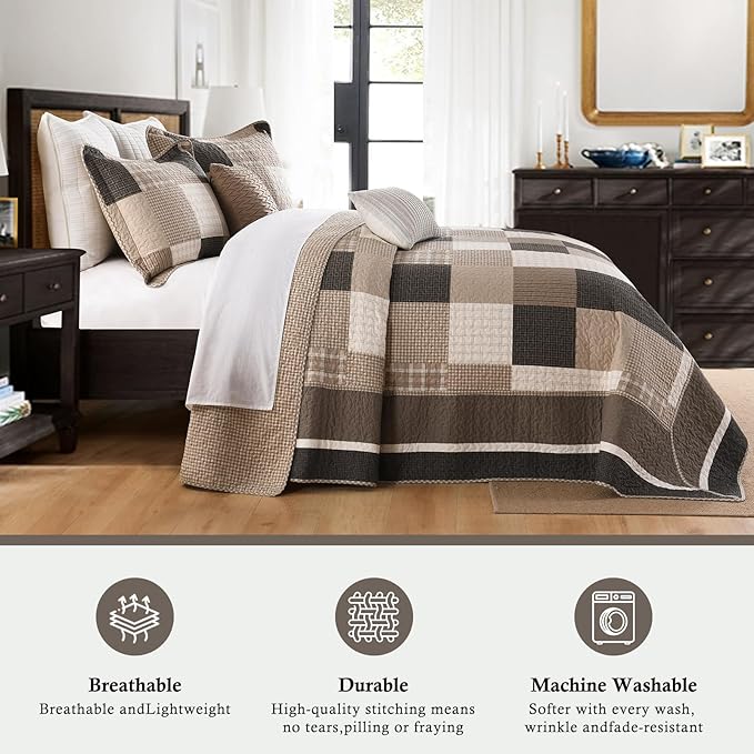 Farmhouse Oversized King Size Bedspread 120"x120" - 100% Cotton Lightweight Cal King Quilt with 2 Pillowshams, Cottage Plaid Quilted Bedding Bed Spreads Coverlet, 3Pcs, Brown/Beige/Oatmeal