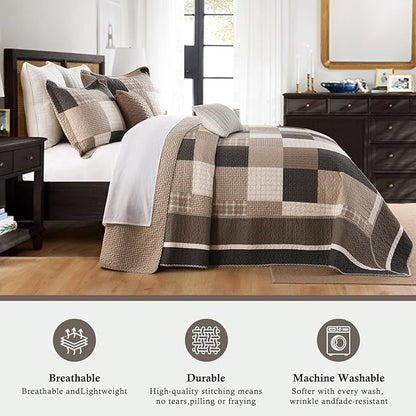 Farmhouse Oversized King Size Bedspread 120"x120" - 100% Cotton Lightweight Cal King Quilt with 2 Pillowshams, Cottage Plaid Quilted Bedding Bed Spreads Coverlet, 3Pcs, Brown/Beige/Oatmeal