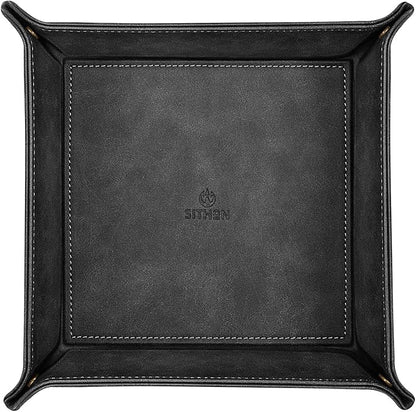 SITHON Valet Tray Desktop Storage Organizer – Premium PU Leather Catchall Bedside Vanity Tray Nightstand Caddy Holder for Remote Controller, Keys, Phone, Wallet, Coin, Jewelry, Black