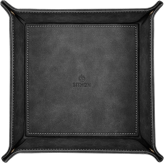 SITHON Valet Tray Desktop Storage Organizer – Premium PU Leather Catchall Bedside Vanity Tray Nightstand Caddy Holder for Remote Controller, Keys, Phone, Wallet, Coin, Jewelry, Black