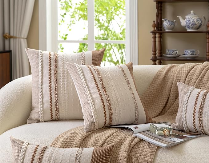 Boho Throw Pillow Covers 18x18 Inch Set of 2, Brown Textured Decorative Couch Pillow Cases for Farmhouse Home Decor, Accent Cushion Cover for Sofa, Bed, Living Room, Bedroom