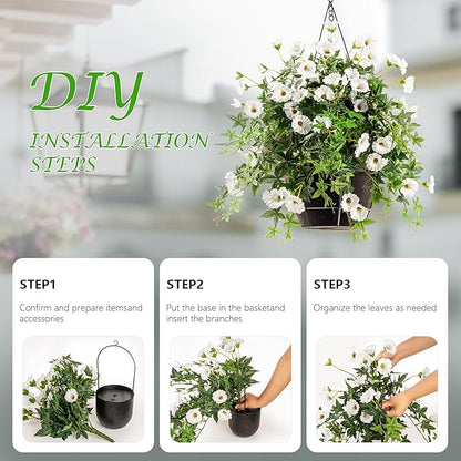 Artificial Flowers Artificial Petunias for Outdoors Artificial Hanging Plants Outdoors Silk Flowers with Stems Outdoor Flowers Uv Resistant for Porch Decor Terrace Decor（White） with Pot 2PCS