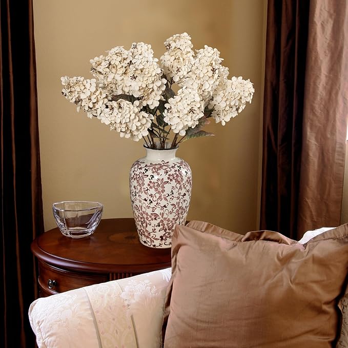Hydrangea Artificial Flowers,Fall Hydrangeas Artificial Flowers, Fake Fall Dried Hydrangea Decoration,Faux Silk Flower with Stems Winter Decor Without Vase（Cream White 8PCS