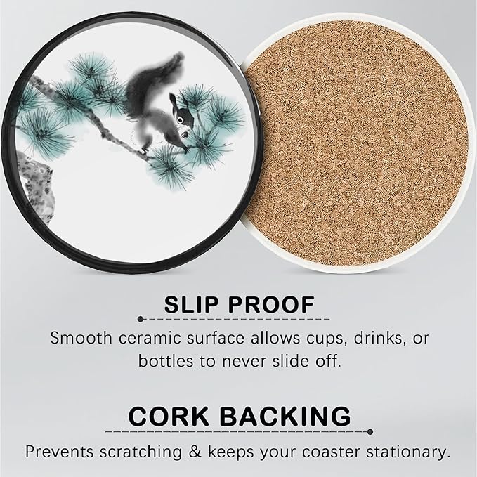 6 Pcs Drink Coasters with Holder,High Mountains Zen Circle Absorbent Round Ceramic Coaster for Tabletop Protection, for Coffee Cup Beverage Coasters Wine Beer Bar