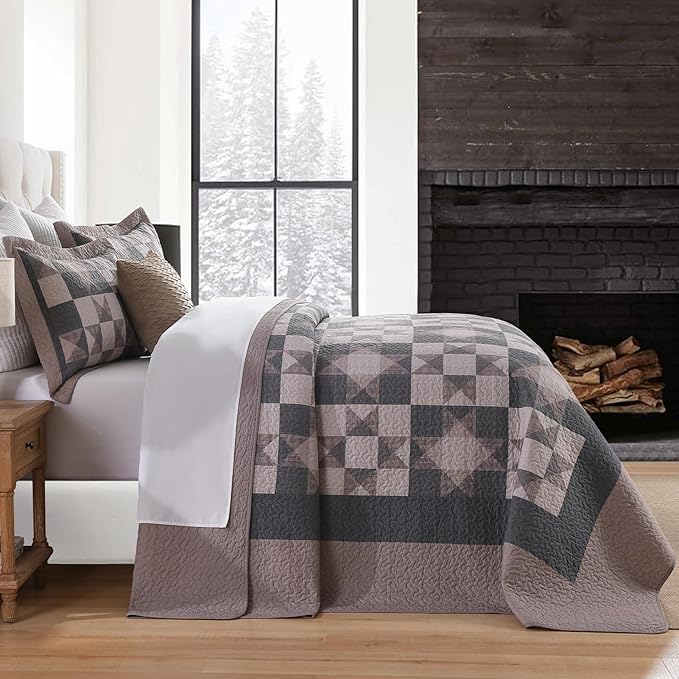 SahSahCasa 100% Cotton 120"x120" Oversized California King Bedspread Coverlet Quilt Set, Cal King Quilted Bedspread Extra Large Reversible XL Bed Spread Lightweight Comforter, Brown/Black/Taupe