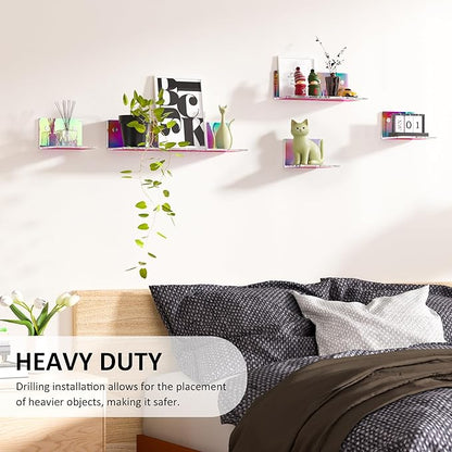 Sezanrpt 4 Inches Iridescent Small Wall Shelves, 4mm Thickness Acrylic Small Floating Shelf for Figures, Plants, Security Cameras, Speakers, Moisture-Proof, 2 Pack