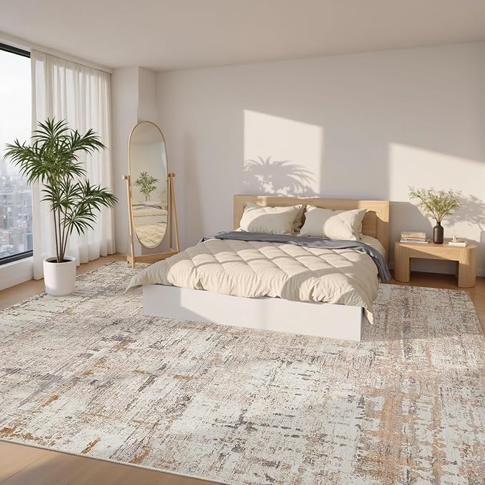 9x12 Area Rug for Living Room, Extra Large Washable Rug, Soft Neutral Abstract Rug for Bedroom, Office, Farmhouse, Low Pile Imitation Wool Non Slip Carpet Ideal for High-Traffic Areas, Beige Grey