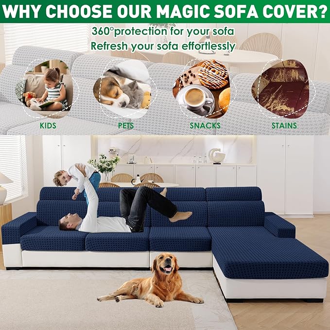 MAXIJIN Couch Cushion Covers for Sectional Sofa, Stretch Sofa Cushion Cover Washable Furniture Protector with Elastic Bottom & Non-Slip Strap for Pets Kids (1PC Chaise Cover, Navy Blue)