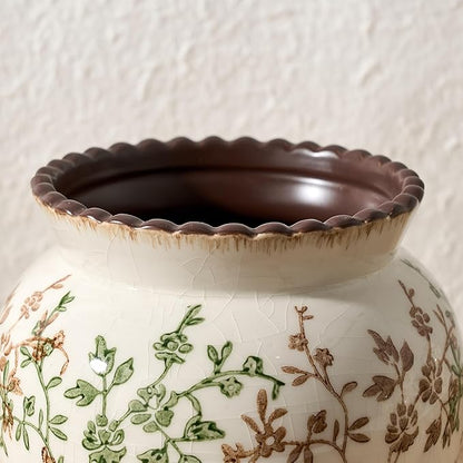 SIDUCAL Ceramic Green and Beige Vase with Wide Mouth Lace, 4.84 Inch Cracked Chinoiserie Rustic Farmhouse Vases, Pastoral Retro Vase for Home Decor, Table, Living Room, Bathroom, Shelf, Wedding