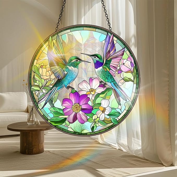 VAIIEYO Hummingbird Acrylic Sun Catcher Window Hanging Decoration, 7.8 Inch Double-Sided Light Reflecting Ornament for Window, Garden, Porch or Balcony Decor, Housewarming, Gift for Natural Lovers
