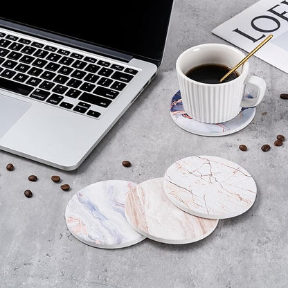 Hoewina 6Pcs Drink Coasters with Holder, Marble Style Ceramic Drink Coaster, Absorbent Coasters Set Suitable for Kinds of Cups, Modern Style Coasters for Coffee Table, 4 Inches（Render Style）