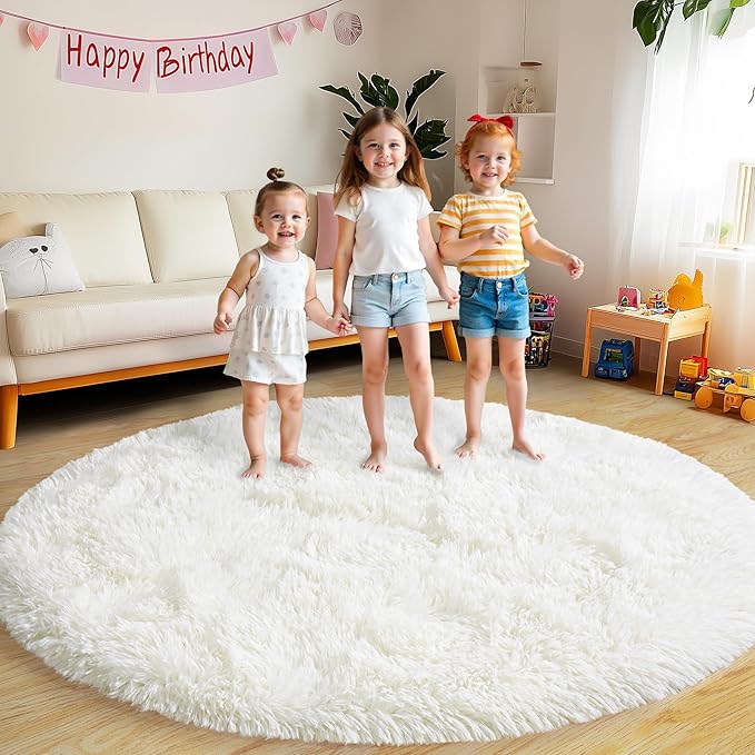 Round Fluffy Rugs 5Ft for Girls Bedroom, Cream White Shag Circle Kids Rug Non-Slip for Bedside Dorm Nursery Playroom, Soft Cute Area Rugs for Living Room Decor