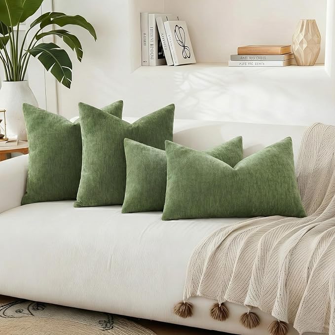 decorUhome Chenille Olive Green Throw Pillow Covers 26x26 Inch Set of 2, Decorative Soft Couch Pillow Covers Solid Dyed Accent Velvet Farmhouse Neutral Square Pillow Cases for Sofa Bed Living Room
