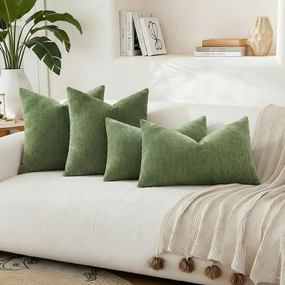 decorUhome Chenille Olive Green Throw Pillow Covers 22x22 Inch Set of 2, Decorative Soft Couch Pillow Covers Solid Dyed Accent Velvet Farmhouse Neutral Square Pillow Cases for Sofa Bed Living Room