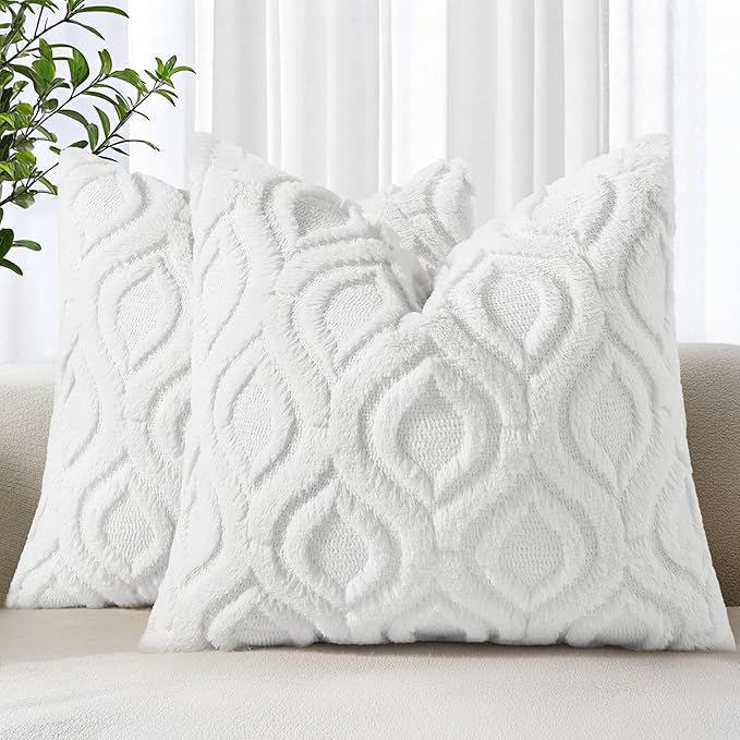 decorUhome Spring Throw Pillow Covers 18x18 Inch Set of 2, Soft Plush Faux Wool White Solid Couch Pillow Covers, Accent Farmhouse Neutral Square Pillow Cases for Sofa Bed Living Room