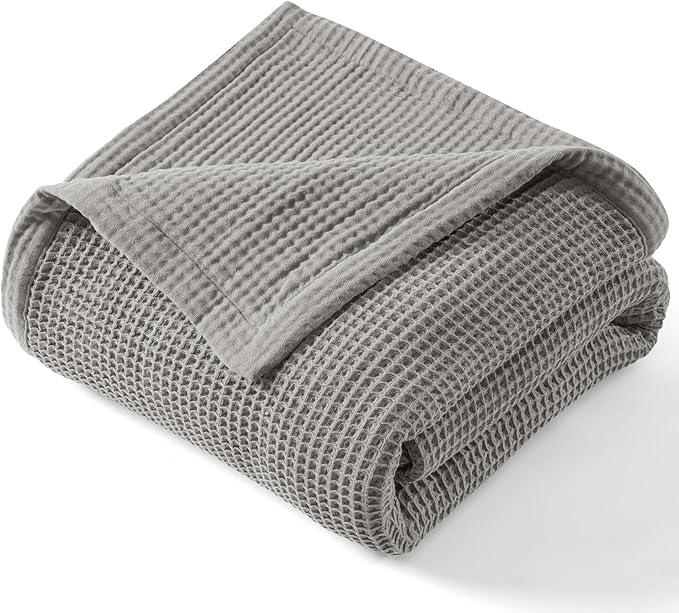 PHF 100% Cotton Waffle & Muslin Blanket King Size, Soft Breathable Luxury 400GSM Versatile Reversible Bedding for Bed, Great for Layering in Cold Weather, Home Decor Gift, 104" x 90", Frosted Grey