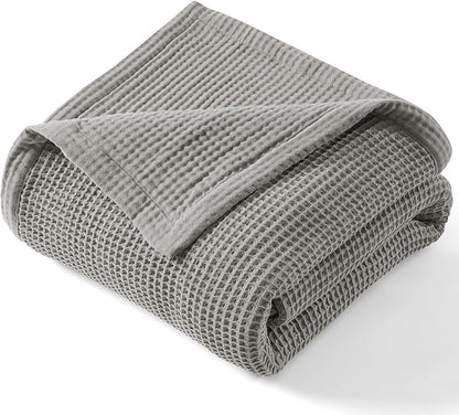 PHF 100% Cotton Waffle & Muslin Blanket King Size, Soft Breathable Luxury 400GSM Versatile Reversible Bedding for Bed, Great for Layering in Cold Weather, Home Decor Gift, 104" x 90", Frosted Grey