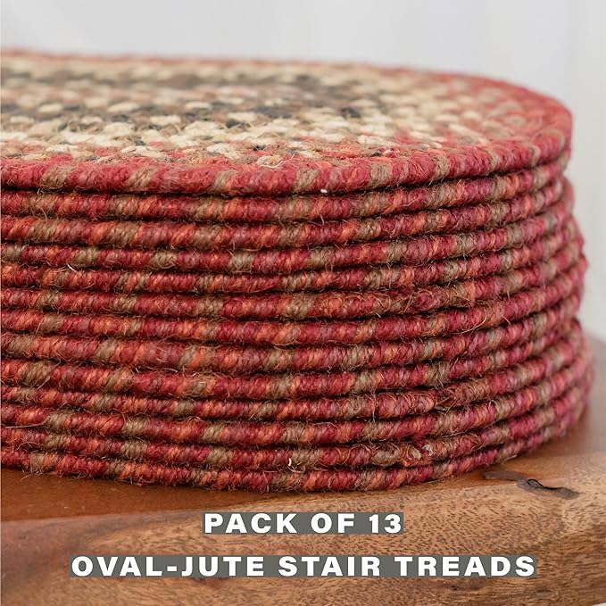 Homespice Chester Jute Braided Staircase Step Treads, Country Lodge Decor, Set of 13, Red 8x28 Oval Rug for Stairs - Easy to Clean, Tightly Stitched and Durable