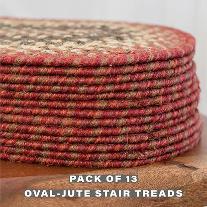 Homespice Chester Jute Braided Staircase Step Treads, Country Lodge Decor, Set of 13, Red 8x28 Oval Rug for Stairs - Easy to Clean, Tightly Stitched and Durable
