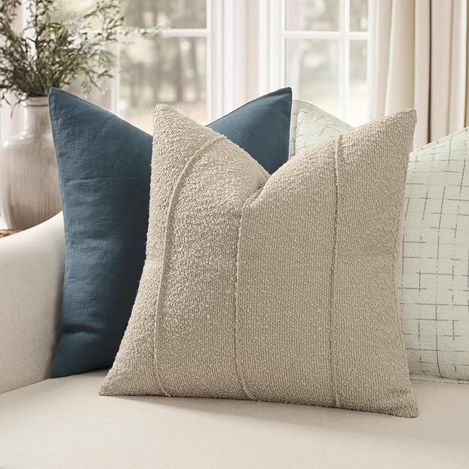 YCOLL Textured Boucle Throw Pillow Covers 24x24 Pack of 2 - Soft Neutral Striped Cushion Covers, Cozy Accent Decorative Pillow Covers for Couch, Sofa, Bed, Living Room (Oatmeal)
