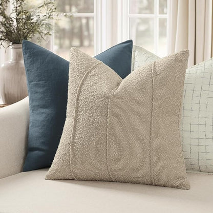 YCOLL Textured Boucle Throw Pillow Covers 20x20 Pack of 2 - Soft Neutral Striped Cushion Covers, Cozy Accent Decorative Pillow Covers for Couch, Sofa, Bed, Living Room (Oatmeal)