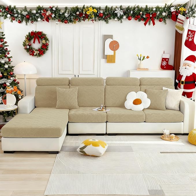 hyha Couch Cushion Covers, Stretch Sofa Seat Cushion Slipcover, Sectional Couch Covers L Shape with Elastic Bottom for Sectional Sofa(Chaise, Taupe)