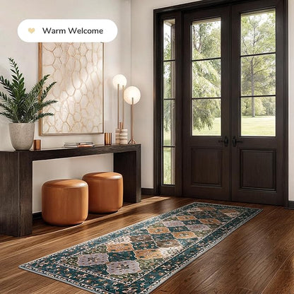 Lessymo Washable Hallway Runner Rug 2x6, Moroccan Faux Wool Runner Rugs Non Slip for Kitchen Entryway Laundry Room Bedroom, Low Pile Multicolor Oriental Rug, Kid & Pet Friendly, Olive Green and Gold