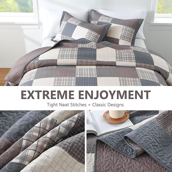 100% Cotton Quilts King Size, King Quilt Bedding Set Bedspread, Patchwork Plaid Quilt for King Bed, 3 Pieces Farmhouse Reversible Lightweight Comforter Bed Spread, Gray/Brown/Beige