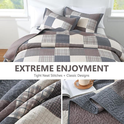 100% Cotton Quilts Queen Size, Queen Quilt Bedding Set Bedspread, Patchwork Plaid Quilt for Queen Bed, 3 Pieces Farmhouse Reversible Lightweight Comforter Bed Spread, Gray/Brown/Beige