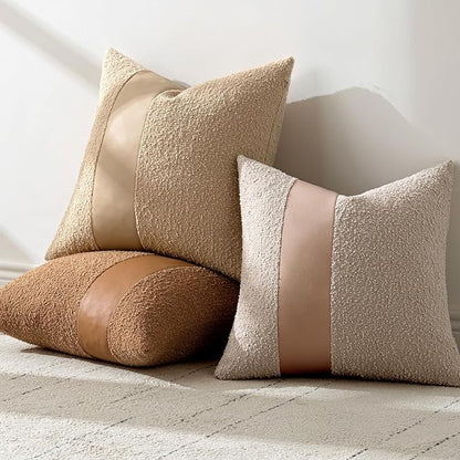 MIULEE Boucle Throw Pillow Covers 18x18 Inch Set of 2 Khaki Faux Leather Textured Decorative Pillow Cases Boho Farmhouse Accents Cushion Covers for Couch Bed Livingroom Home Decor