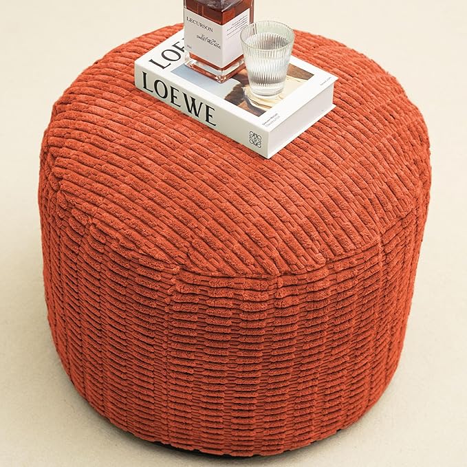 Round Stuffed Pouf Ottoman for Foot Rest, Storage Ottoman Pouf Foot Stool Cushion, Faux Fur Poufs with Foam Chunk Filling, 26 X 18 Inch Floor Chair for Living Room Bedroom Home Decor, Coral Orange