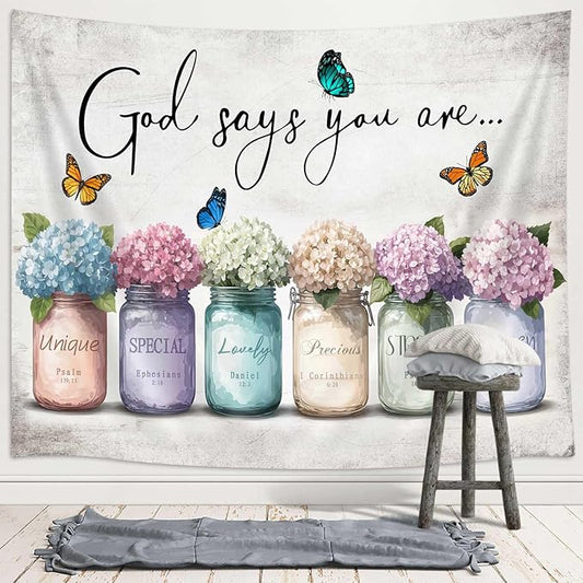 DYNH Inspirational Bible Verse Tapestry, God Says You Are Wall Sayings Flowers in Mason Jar Wall Hanging,Quotes Tapestries for Bedroom Living Room Dorm TV Backdrop,Beach Blanket,90x70In