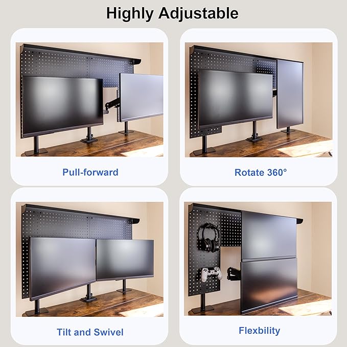 Studio Desk Pegboard with 2 Monitor Mounts Gas Spring Adjustable Arms, Work Bench 47 x 31 inch Heavy Duty Steel Stand Pegboard-Table Shelf Organizer for Workshop, Gaming and Live Streaming Accessories