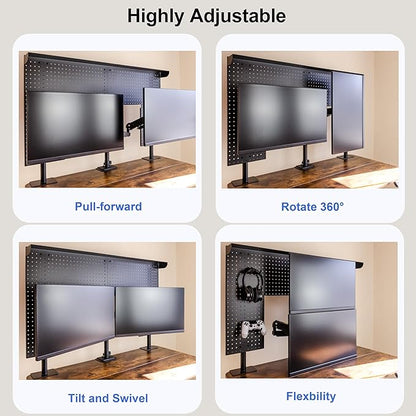Studio Desk Pegboard with 2 Monitor Mounts Gas Spring Adjustable Arms, Work Bench 47 x 31 inch Heavy Duty Steel Stand Pegboard-Table Shelf Organizer for Workshop, Gaming and Live Streaming Accessories